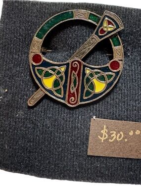 Celtic Enamel Penannular Brooch Pin in Green, Red & Yellow